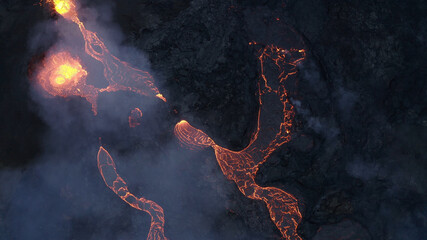 lava eruption volcano with snowy mountains, Aerial view
Hot lava and magma coming out of the...