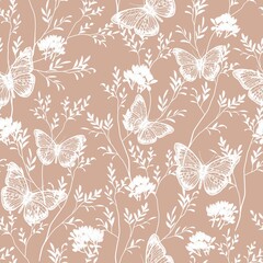 Fototapeta premium A pattern of butterflies and tree branches with leaves. Seamless image. Natural illustration. Design of wallpaper, fabrics, textiles, packaging, posters, postcards, wedding design. 