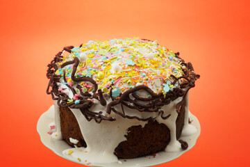   Traditional Easter cake, beautifully decorated, on a pink background.