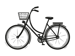 Fototapeta na wymiar A female, urban bike with a basket on the front. The style of the sign, the icon. Vector, isolated, black color on a white background.