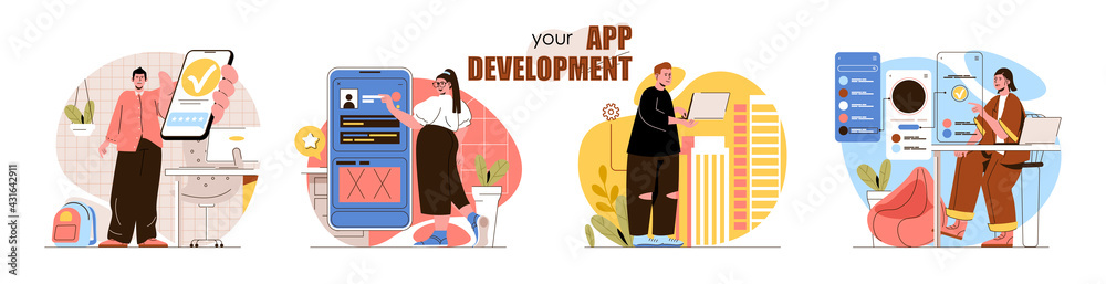 Fototapete App development concept scenes set. Developers create mobile software, application interfaces, optimize products. Collection of people activities. Vector illustration of characters in flat design