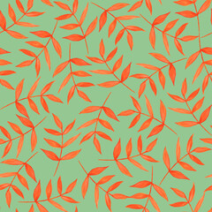 Seamless pattern from orange autumn leaves on a green background. Watercolor branches and leaves. Botanical illustration. For printing on fabric, packaging.