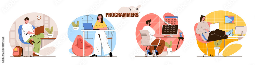 Fototapete Programmers concept scenes set. Developers coding, create software or applications, testing products, work on project. Collection of people activities. Vector illustration of characters in flat design