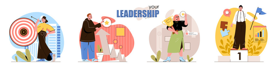 Leadership concept scenes set. Achieving goals, targeting, professional growth, business and career development. Collection of people activities. Vector illustration of characters in flat design