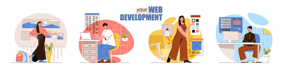 Obraz premium Web development concept scenes set. Developers create site layouts, interface, fill web pages with content, test code. Collection of people activities. Vector illustration of characters in flat design
