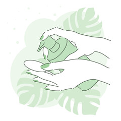 Aesthetic vector art. Beautiful woman hands holding a bottle of lotion with tropical green leaves on background. Natural beauty, cosmetic, skin care, spa.