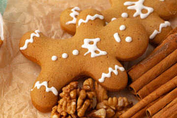 Gingerbread cookie on parchment paper close up