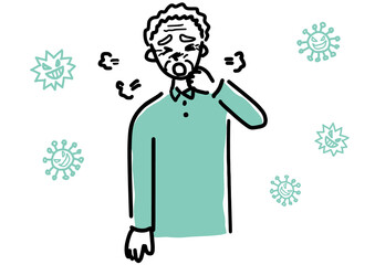 咳をする高齢者男性のシンプルタッチイラスト