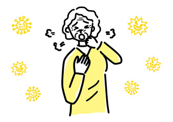 咳をする高齢女性のシンプルタッチイラスト