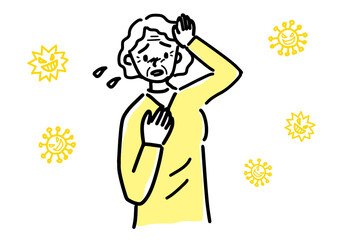 発熱する高齢女性のシンプルタッチイラスト