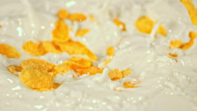 Super slow motion cornflakes fall into the milk with splashes. Filmed on a high-speed camera at 1000 fps.High quality FullHD footage