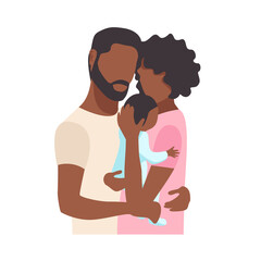 Vector illustration of a black family couple tenderly and caringly hugging their newborn baby on a white background. Family day, loving parents, happy childhood, childbirth.