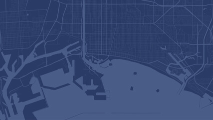 Dark blue Long Beach city area vector background map, streets and water cartography illustration.