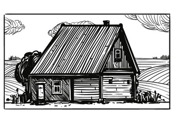 House in countryside engraving style illustration. Vintage style. Vector. - obrazy, fototapety, plakaty