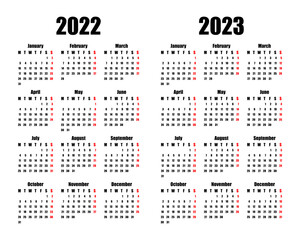 calendar 2022 and 2023, week starts on Monday, basic business template. vector illustration