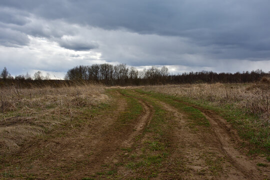 A winding dirt country road runs through an abandoned farm field with long old yellowish grass on an overcast spring day under storm clouds.
