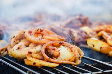 Onion closeup grilled food roasted,  pieces background.