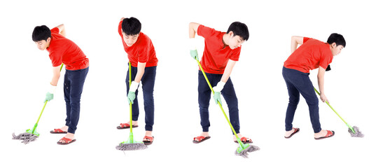 Group of Asian boy cleaning floor with mop. Young child doing house chores isolated on white background.