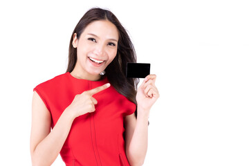 A beautiful woman in a red dress Showing a happy expression On a white background, A lovely woman holding a name card and point her hand to show something