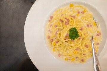 Spaghetti Carbonara on table