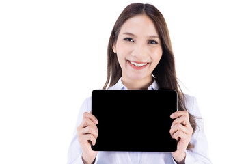 Businesswoman with tablet, Woman using digital tablet computer PC happy isolated on white background.Asian woman in business shirt.