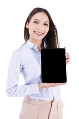 Businesswoman with tablet, Woman using digital tablet computer PC happy isolated on white background.Asian woman in business shirt.