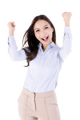 Portrait of asian bussinesswoman celebrating success Isolated on white background.