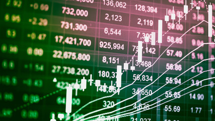 Charts of stock market instruments with various type of indicators and volume analysis for professional technical analysis on the monitor of a computer. Fundamental and technical analysis concept.	