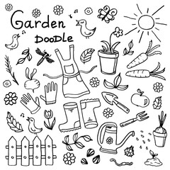 Vector doodle on the theme of the garden and gardening. 
Vegetables, gardening tools, insects. Summer theme
