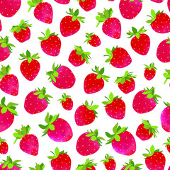 Vector  seamless patternwith watercolor texture. Red strawberry , green leaves. Fresh delicious berries . For textile, fabric, wallpaper, wrapping paper, scrapbooking.
