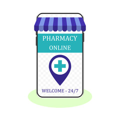 Online pharmacy in the mobile application of the smartphone. Concept of modern technologies, business, place an order, around the clock. Vector illustration in a flat style.