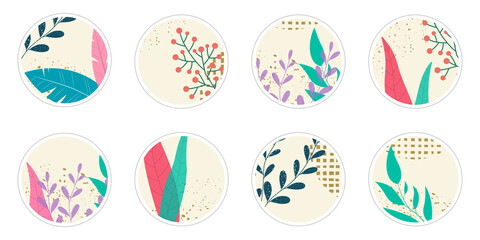 Highlight cover icon set with floral and abstract shapes. Social media, stories circle elements. Modern graphic design. Vector illustration. 