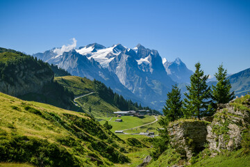 View on Magisalp top cable car station above the Hasliberg in Switzerland - obrazy, fototapety, plakaty