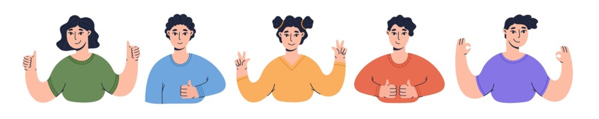 Set of happy people showing various positive gestures. Ok and peace sign and thumbs up. Colored flat vector illustration isolated on white background