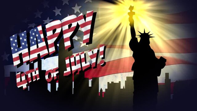 Patriotic, comic book style motion graphic, with animated Happy 4th of July text, and Statue of Liberty with glowing torch and Manahattan silhouette, and fluttering Star Spangled Banner
