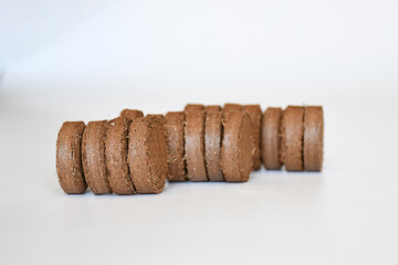 Stack of coconut tablets on white background.  Pressed coconut soil with nutrients for plant idea help grow and seedling indoor . Selective focus.