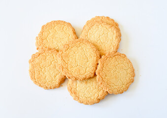 Top view  of biscuit or cookie on white background. Biscuit a flour-based baked food product ,sweet and crunchy as dessert. Selective focus.