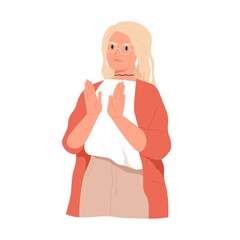 Shocked startled woman staring at smb and showing her negative reaction with denial, rejection or stop gesture. Non-verbal communication. Colored flat vector illustration isolated on white background - obrazy, fototapety, plakaty