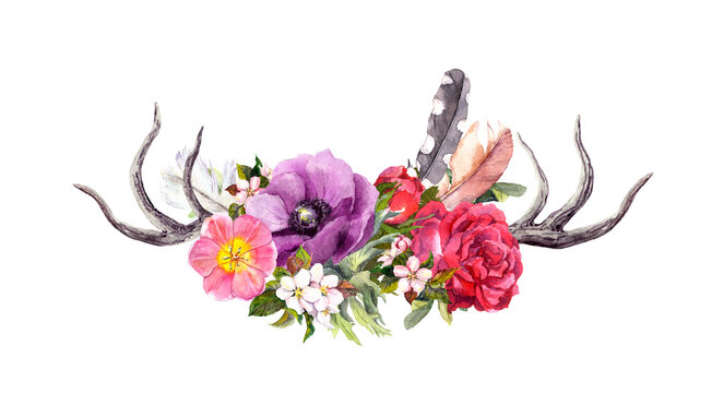 Deer horns with flowers, feathers. Watercolor in boho style