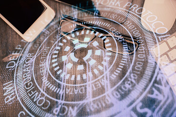 Multi exposure of technology theme drawing over work table desktop. Top view. Global data analysis concept.