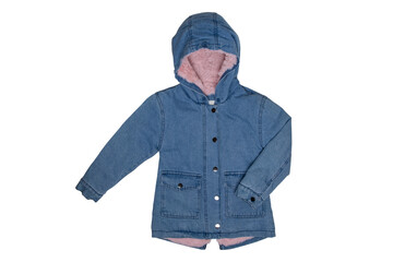 Kids jeans jacket isolated. A stylish fashionable cozy warm denim blue jacket with a light pink lining for the little girl. Children autumn and winter fashion.