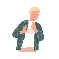 Wary man gesturing stop with palms, showing denial or rejection sign. Non-verbal communication of person with negative face expression. Colored flat vector illustration isolated on white background