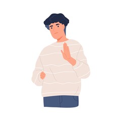 Startled person gesturing stop with his hand palm. Denial, refusal or rejection sign in non-verbal communication and body language. Colored flat vector illustration isolated on white background
