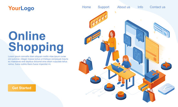 Online shopping isometric landing page template. Customer buying clothing or shoes at store webpage 3d concept. Mobile application for online purchases and payment. Vector illustration in flat design