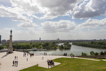 Belgrade, Serbia - May 2, 2021: Fortress Kalemegdan and Winner statue. View over the plateau on...