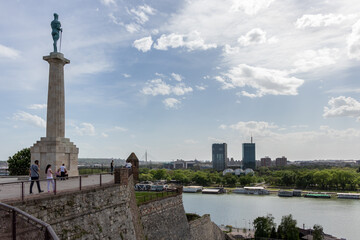 Fototapeta na wymiar Belgrade, Serbia - May 2, 2021: Magnificent view of the Belgrade city from the terrace at Kalemegdan fortress.