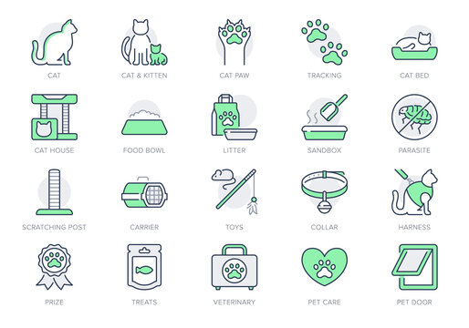 Cat stuff line icons. Vector illustration include icon - litter box, carrier, scratching post, bed, house, kitten, toy, meal outline pictogram for pet equip. Green Color, Editable Stroke