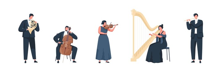 Musicians performing classic melodies on music instruments. People playing on cello, flute, harp, trumpet and violin. Colored flat vector illustration of philharmonic performers isolated on white