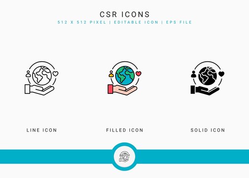CSR icons set vector illustration with solid icon line style. Life give back concept. Editable stroke icon on isolated background for web design, user interface, and mobile application