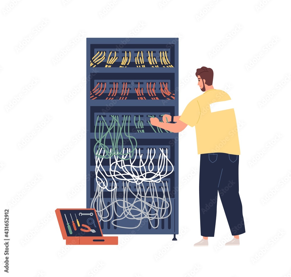 Aufkleber Sysadmin maintaining or repairing server. Technical engineer adjusting network. System administration and maintenance. Colored flat vector illustration of repairman isolated on white background